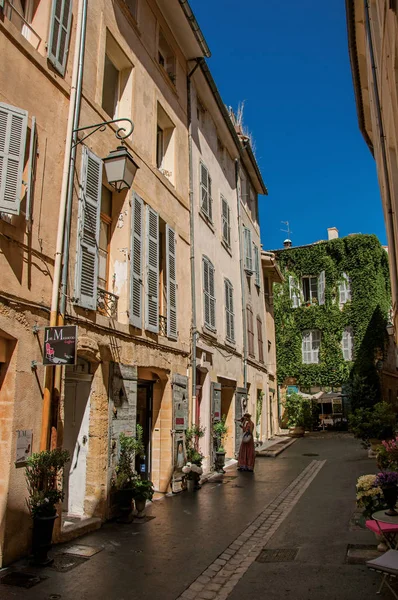 Alleyway com mulher que entra na casa em Aix-en-Provence . — Fotografia de Stock