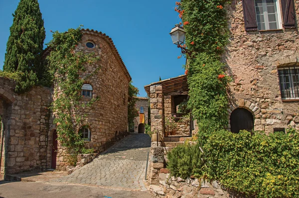 Staré kamenné domy v uličce pod modrou oblohou, na nádherné středověké osadě Les Arcs-sur-Argens. — Stock fotografie