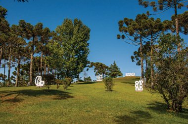 Campos do Jordao, Brezilya - 17 Ocak 2015. Bahçe heykel parçası Campos yakınındaki Açık Hava Müzesi Felicia Leirner ile Jordao, onun dağ ve Turizm hiking ünlü yapmak. Yani Paulo devlet.