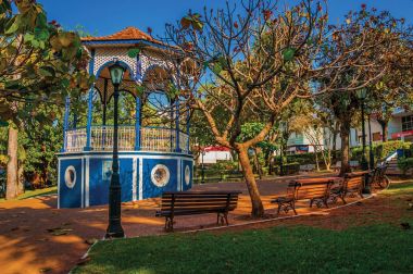 Sao Manuel, Güneydoğu Brezilya - 08 Eylül 2017. Eski renkli çardak ağaçların, Sao Manuel, güneşli bir gün Bahçe tam ortasında. Sao Paulo eyalet kırsal kesimde şirin küçük bir kasaba.