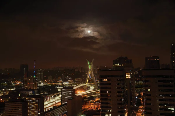 Night View City Skyline Bridge Buildings Cloudy Full Moon City — Stock Photo, Image