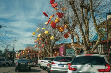 Sokakta süslü şemsiyeli ağaçlar