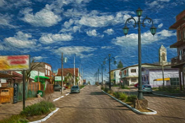 Světelné tyče a domy v ulici Cambara do Sul — Stock fotografie