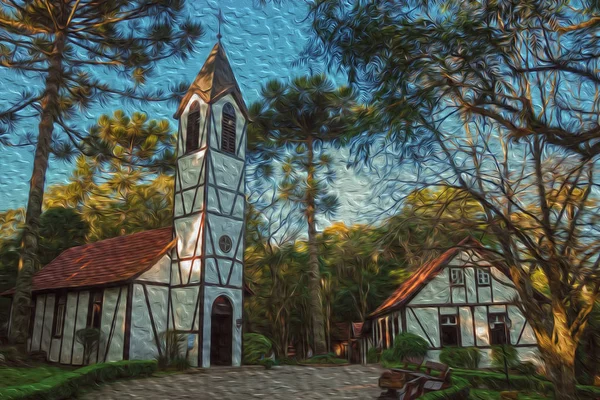 Kostel se zvonicí a domem v dřevěném parku — Stock fotografie