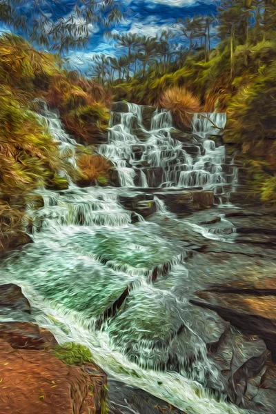 Wasserfall stürzt über Felsen in einem üppigen Wald — Stockfoto