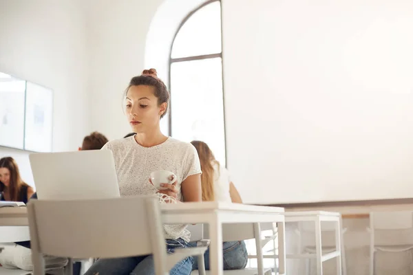 Joven educador que utiliza el ordenador portátil para ejecutar una clase en línea sobre diseño gráfico que trabaja en un espacio de estudio lleno de gente. Concepto educativo . —  Fotos de Stock