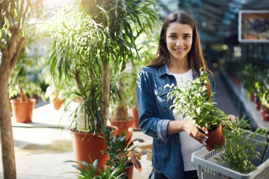 Genç kız kamera gülümseyen arıyorum bir sera bitkilerde için alışveriş.