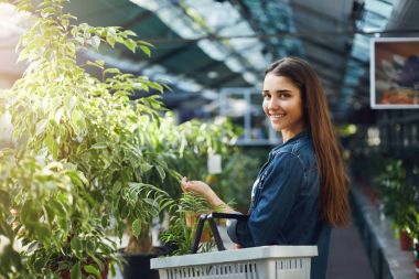 Genç erkek bitkiler bir yeşillik mağaza kamera gülümseyen seyir için alışveriş.