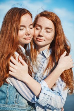 Kırmızı saçlı ikiz kardeşler birbirlerine sarılma portresi. Aile ilişkileri ve dostluk hayat hedefi vardır.