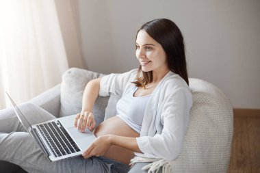 Evde bir dizüstü bilgisayar kullanan mutlu hamile kadın. Arkadaşları tek her portresi sevme en son haberleri ile kaydırma. Gebelik sıkıcıdır.