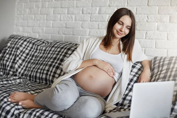 Healthy beautiful pregnant lady relaxing on sofa watching new popular cat videos online. Pregnancy is relaxing.