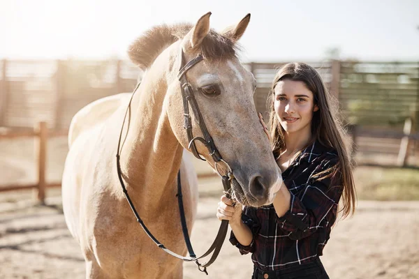 Young woman vet calming down a stallion to make injections.