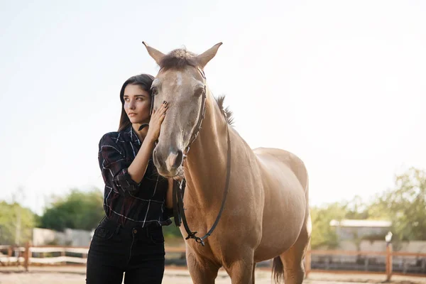 Female racehorse trainer taking a day off her job to pet and take care of her own stallion — Stock Photo, Image