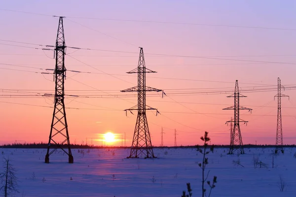 High-voltage electric wire at sunset — Stock Photo, Image