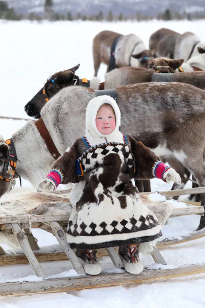 Happy Nenets dívka v národním oblečení mezi severní domesti — Stock fotografie