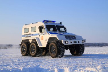 Polis aracı Trekol Sibirya 'nın kuzeyindeki tundraların arasında