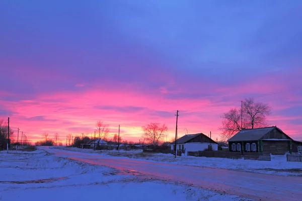Rural Street Winter Evening Sunset Siberia — Stock Photo, Image