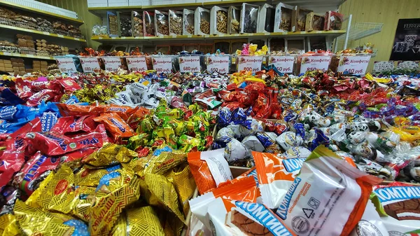 Nadym Russia May 2020 Close Russian Sweets Supermarket Counter — стокове фото