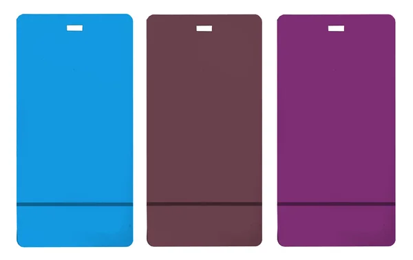 Three cardboard tags of different color isolated on white — Stock Photo, Image