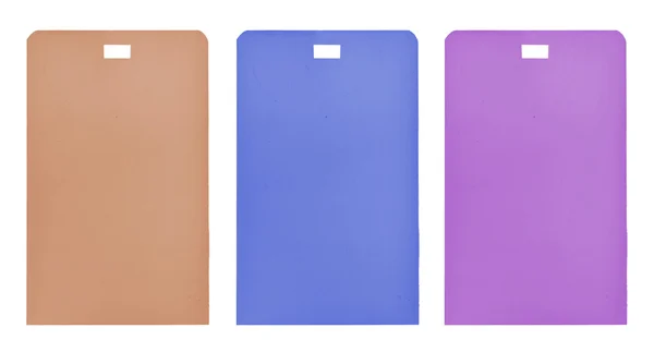 Tre etichette di cartone di diverso colore isolate su bianco — Foto Stock