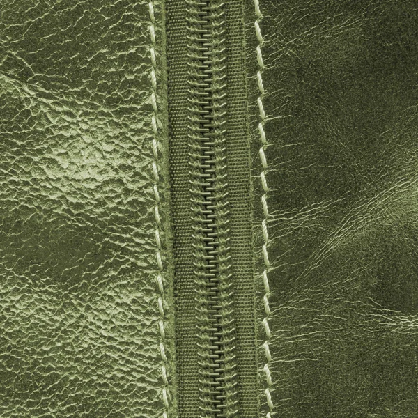 Textura de cuero verde, cremallera — Foto de Stock