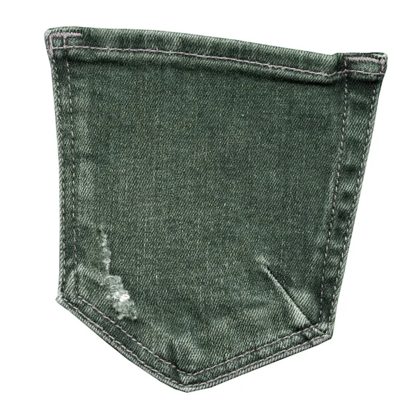 Bolsillo trasero denim gris-verde desgastado sobre fondo blanco — Foto de Stock