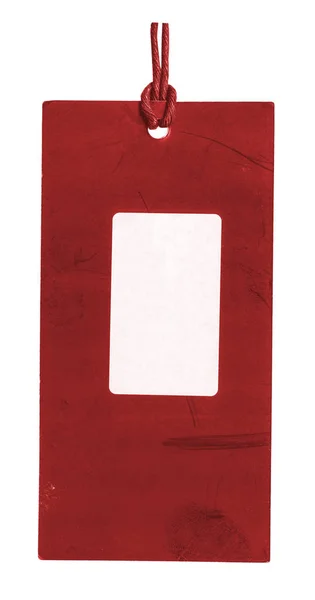 Czerwony karton tag z naklejki biała kartka papieru — Zdjęcie stockowe