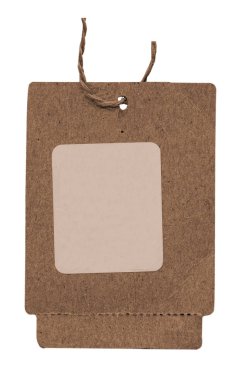 Beyaz çıkartması üzerinde beyaz izole kahverengi karton etiket 