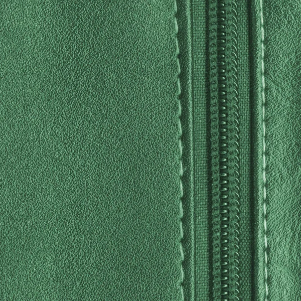 Green Leather Background Decorated Stitches Zipper Useful Design Works — Stock Photo, Image