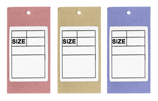 Tres Etiquetas Cartón Diferentes Colores Con Pegatinas Aisladas Sobre Fondo — Foto de Stock