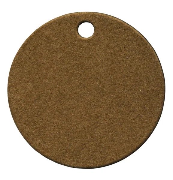 Koyu kahverengi karton yuvarlak etiket üzerinde beyaz izole — Stok fotoğraf