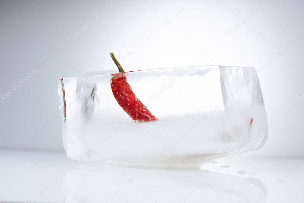 Composition with chili pepper in melting ice on light grey background
