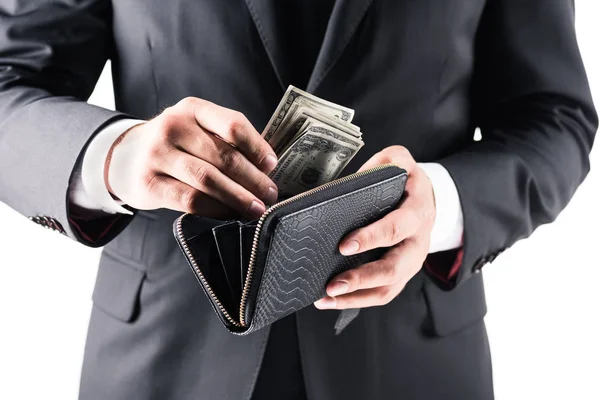 Бізнесмен тримає гаманець з доларами — стокове фото