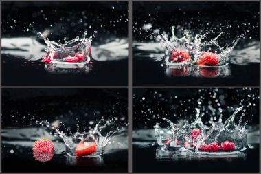 raspberries and strawberries falling in water clipart