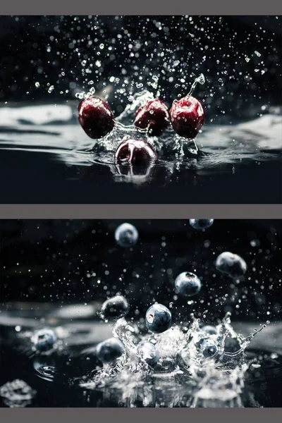 Kirschen und Blaubeeren fallen ins Wasser — Stockfoto