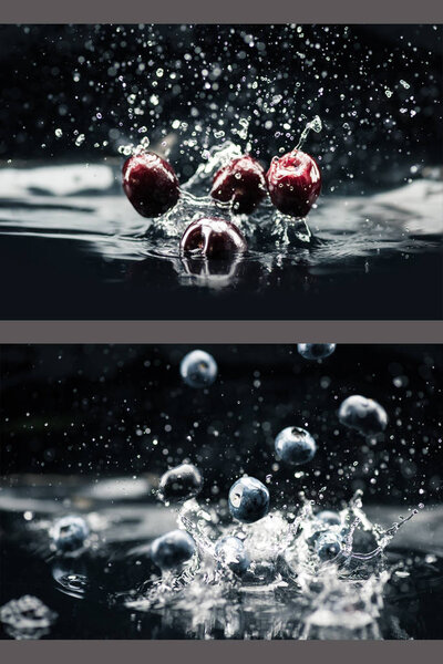 cherries and blueberries falling in water