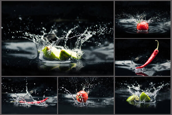 fruits and vegetables falling in water