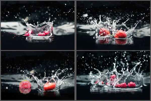 ラズベリーとイチゴ水に落ちる — ストック写真