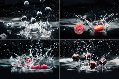 various berries falling in water clipart