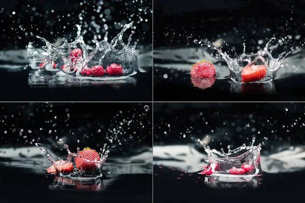 Raspberries and strawberries falling in water — Stock Photo, Image