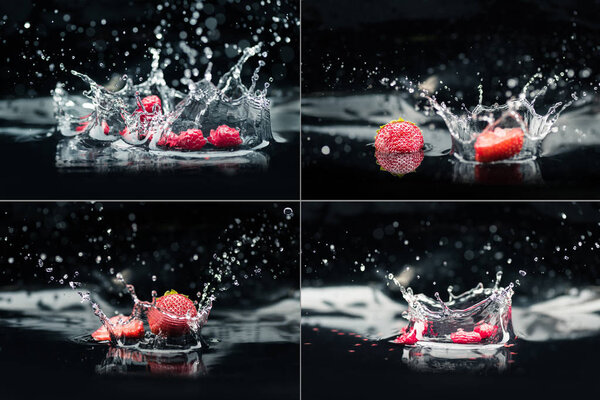 raspberries and strawberries falling in water