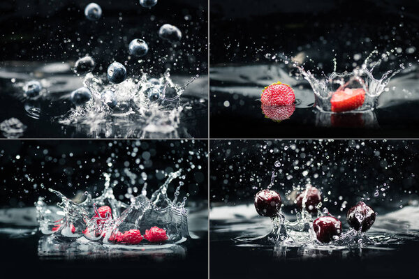 various berries falling in water