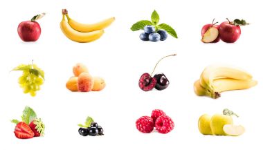 collage with various fresh fruits and berries clipart