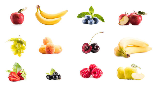 collage with various fresh fruits and berries