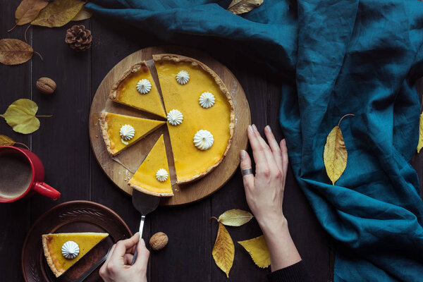 Female hands taking piece of pie