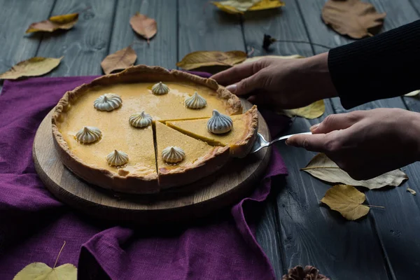 Female hands taking piece of pie — Stock Photo, Image