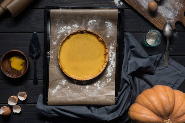 pumpkin pie on baking tray