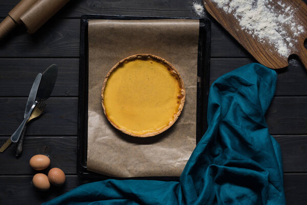 pumpkin pie on baking tray