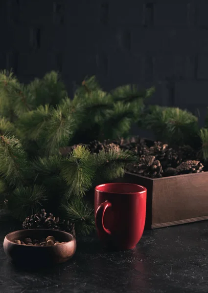Ceramic cup and pine branches — Stock Photo, Image