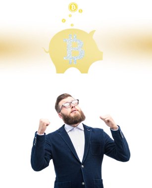 bitcoin simgesi olan işadamı